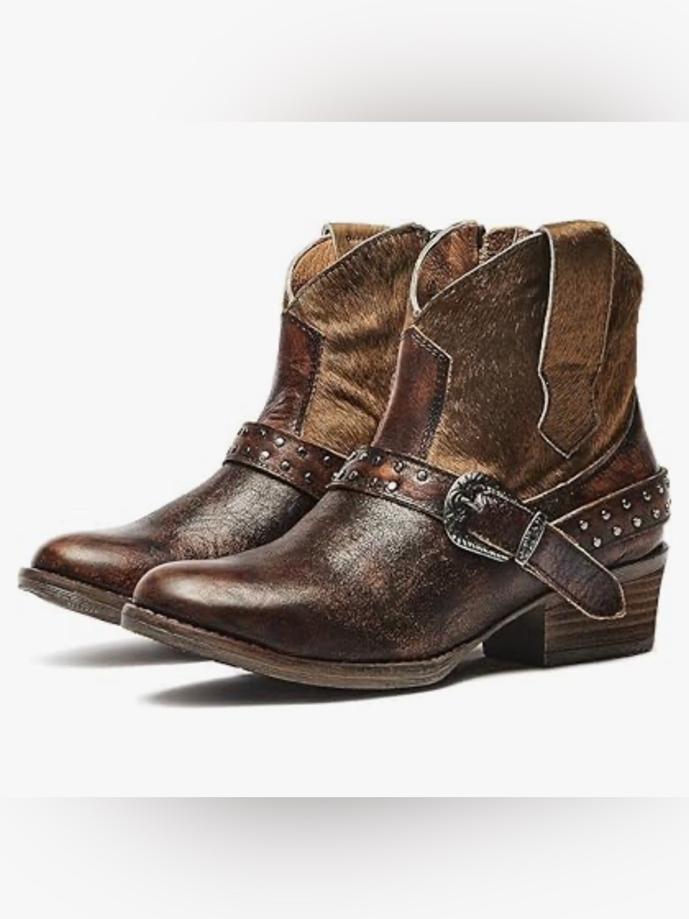 Sterling River Brown Distressed Leather Calf Hair Harness Ankle Booties Size 9